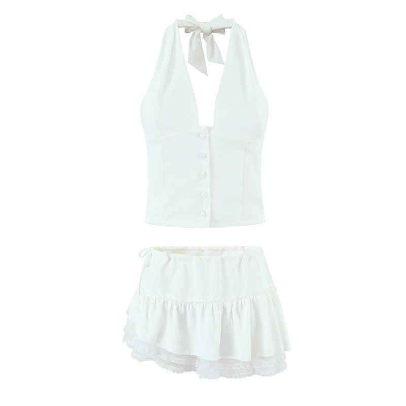 European And American Style French Elegant Style Fashion Casual V-neck Backless Lace Up Halterneck Vest Short Skirt