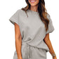 Costume deux pièces décontracté gris à carreaux, manches larges et taille ajustée