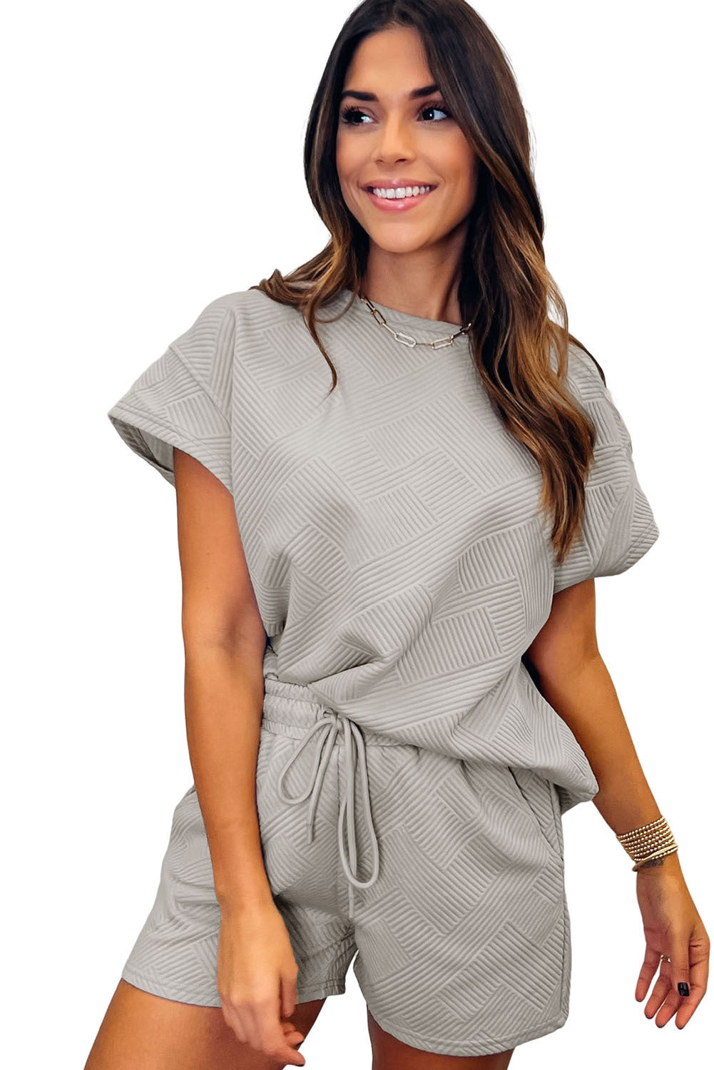 Costume deux pièces décontracté gris à carreaux, manches larges et taille ajustée