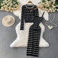Elegant Striped Slip Dress And Knitted Cardigan Set