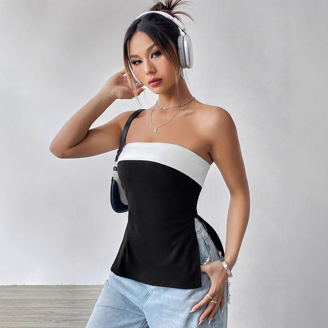 Contrast Color Tube Top Elegant Graceful Commuter Off-neck Tube Top