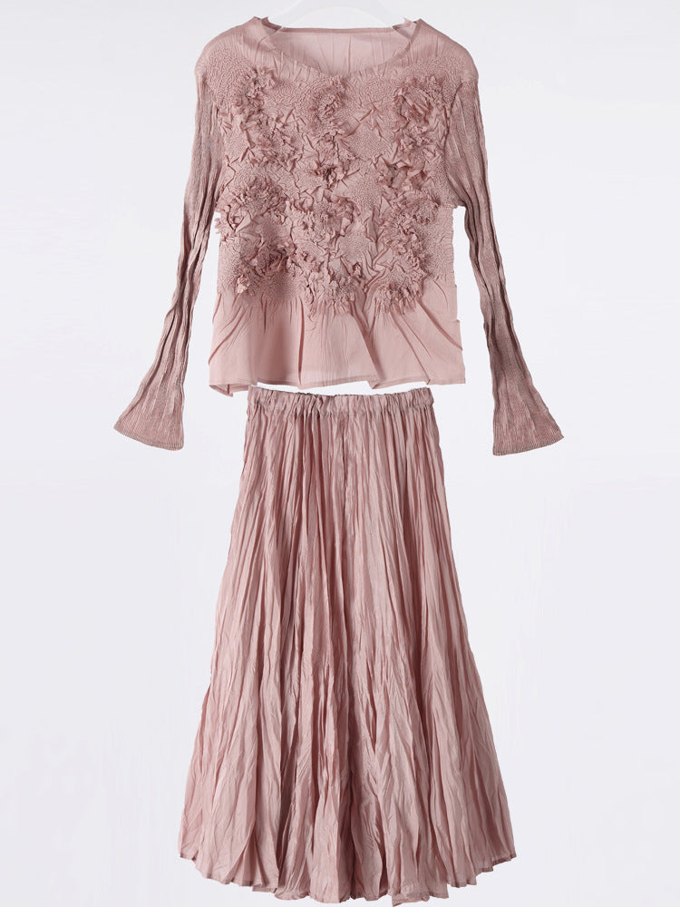 Solid Color Embroidered Long-sleeved Top Handmade Pleated Two-piece Overskirt Suit