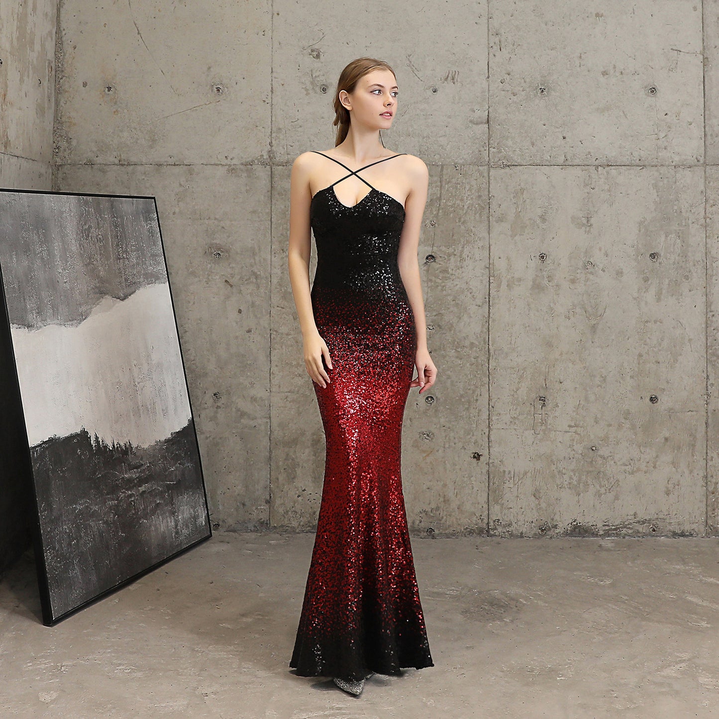 Robe de soirée à paillettes longue et ajustée en queue de poisson