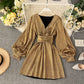 New Spring Summer V-neck Lantern-Sleeve Gold Metallic Sheer Waist-Cinched Dress