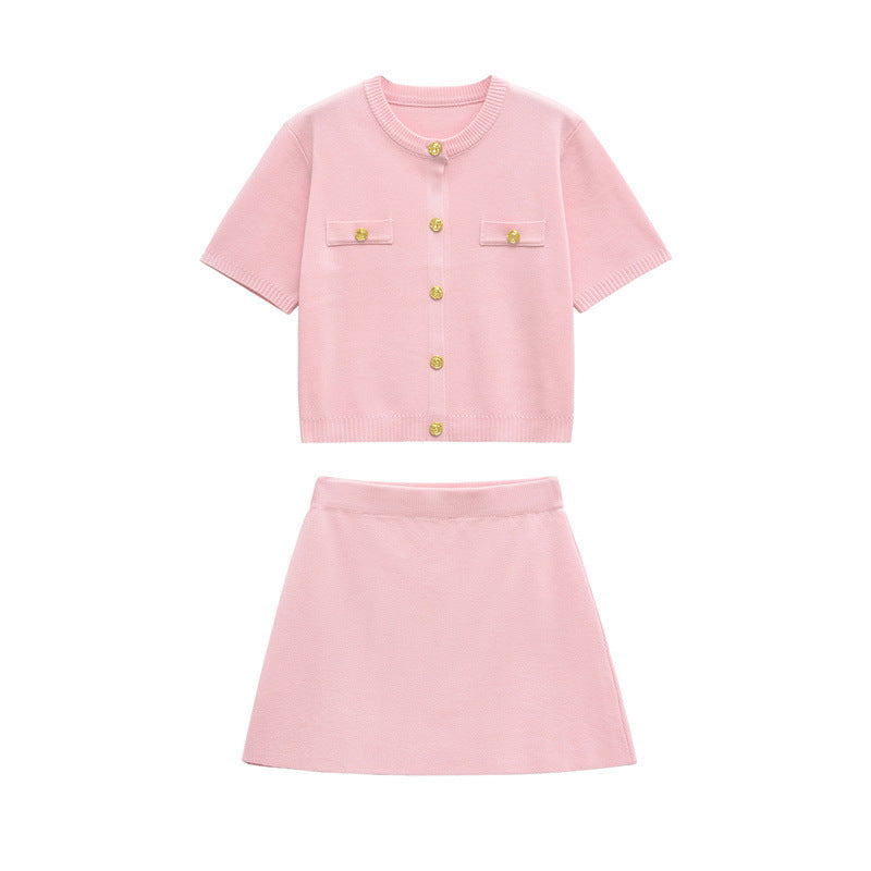 Short-sleeved Knitted Top Mini Skirt Suit