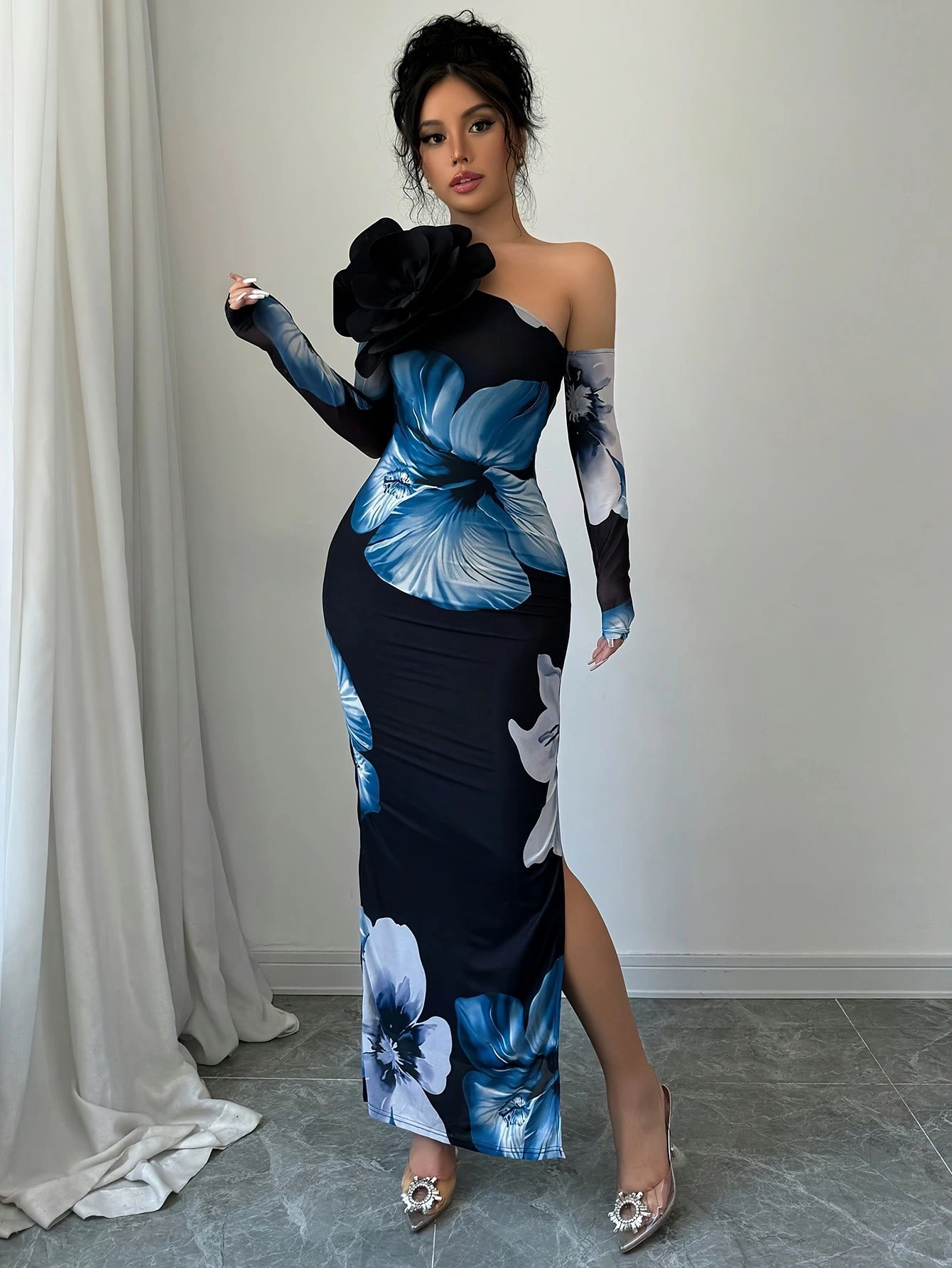 Women's One-shoulder Floral-print Mesh Maxi Dress