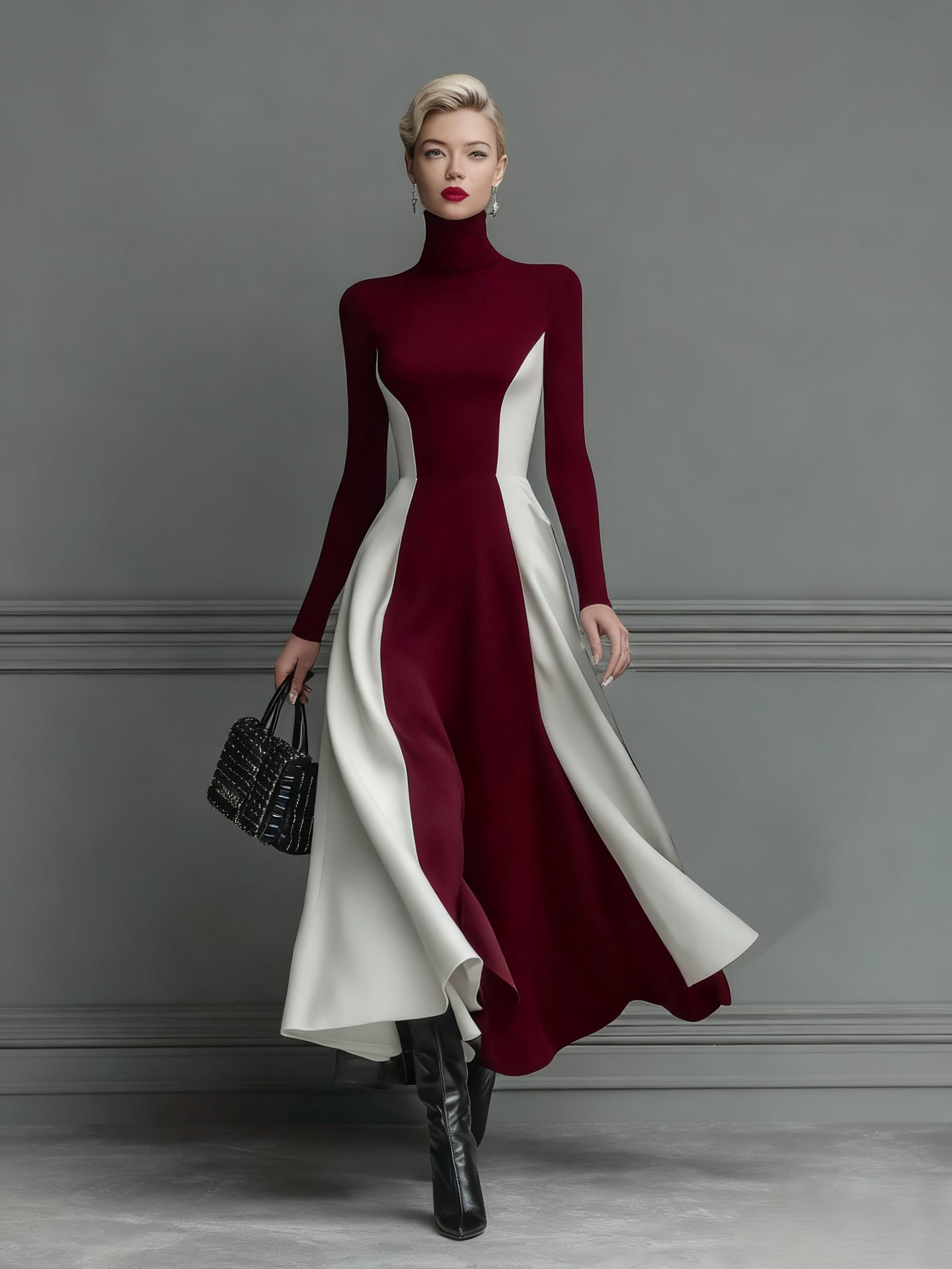 Color-Block Knitted Turtleneck Elegant Long-Sleeve Slim-Fit Dress