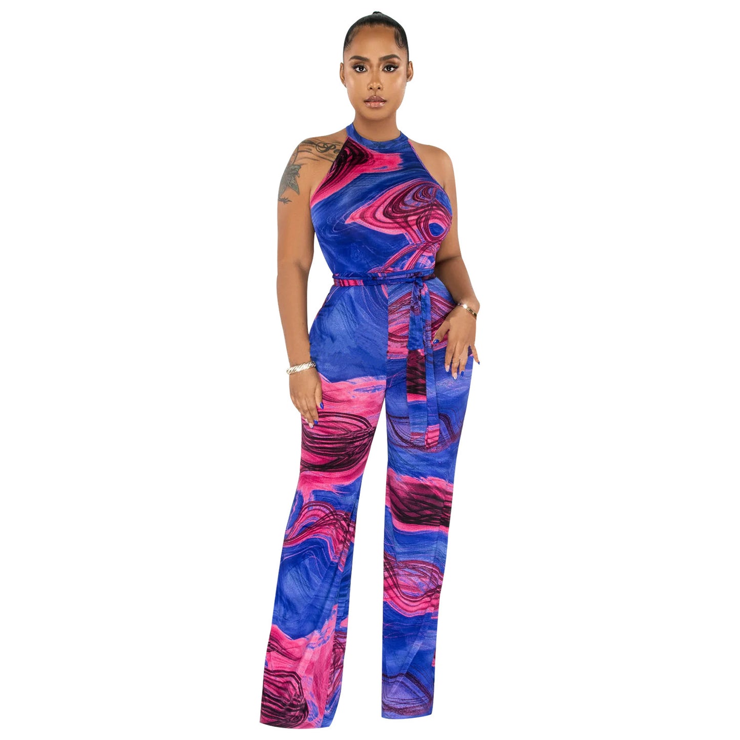 Women's Printed Sleeveless Lace-up Jumpsuit Trousers
