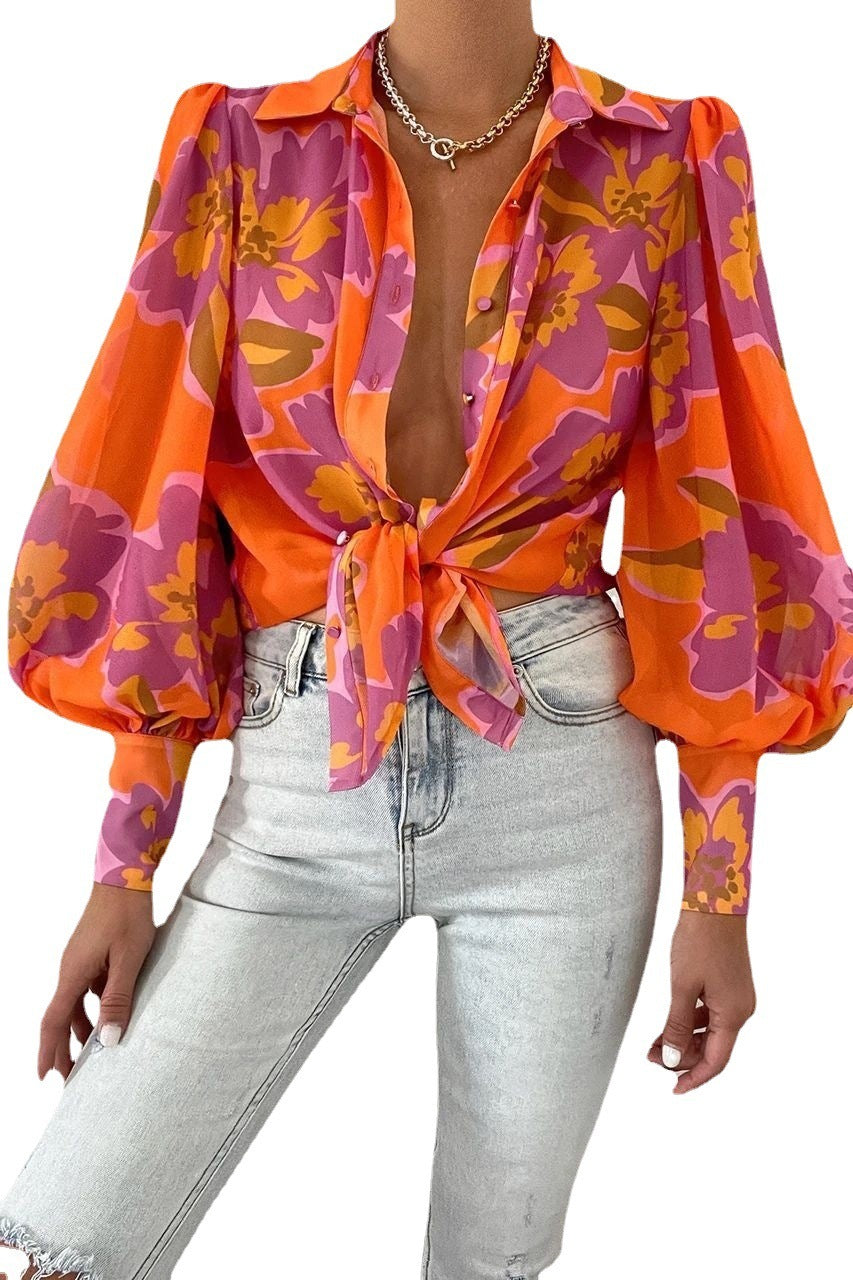 Long Sleeve Lapel Cardigan Single-breasted Solid Color Half-length Lantern Sleeve Temperament Commute Red Shirt