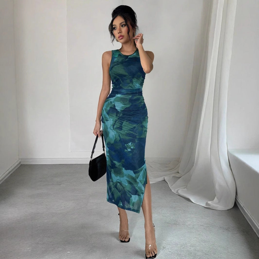 New Women's Sleeveless Printed Mesh Tight Dress