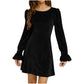 Solid-Color Crew-Neck Gold Velvet Sequin Long-Sleeve Dress