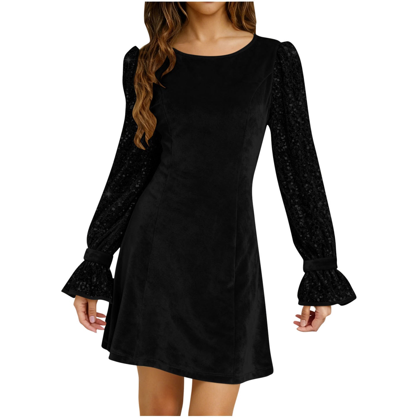 Solid-Color Crew-Neck Gold Velvet Sequin Long-Sleeve Dress