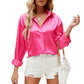 Satin Commuter Solid Color V-neck Long Sleeve Shirt Women