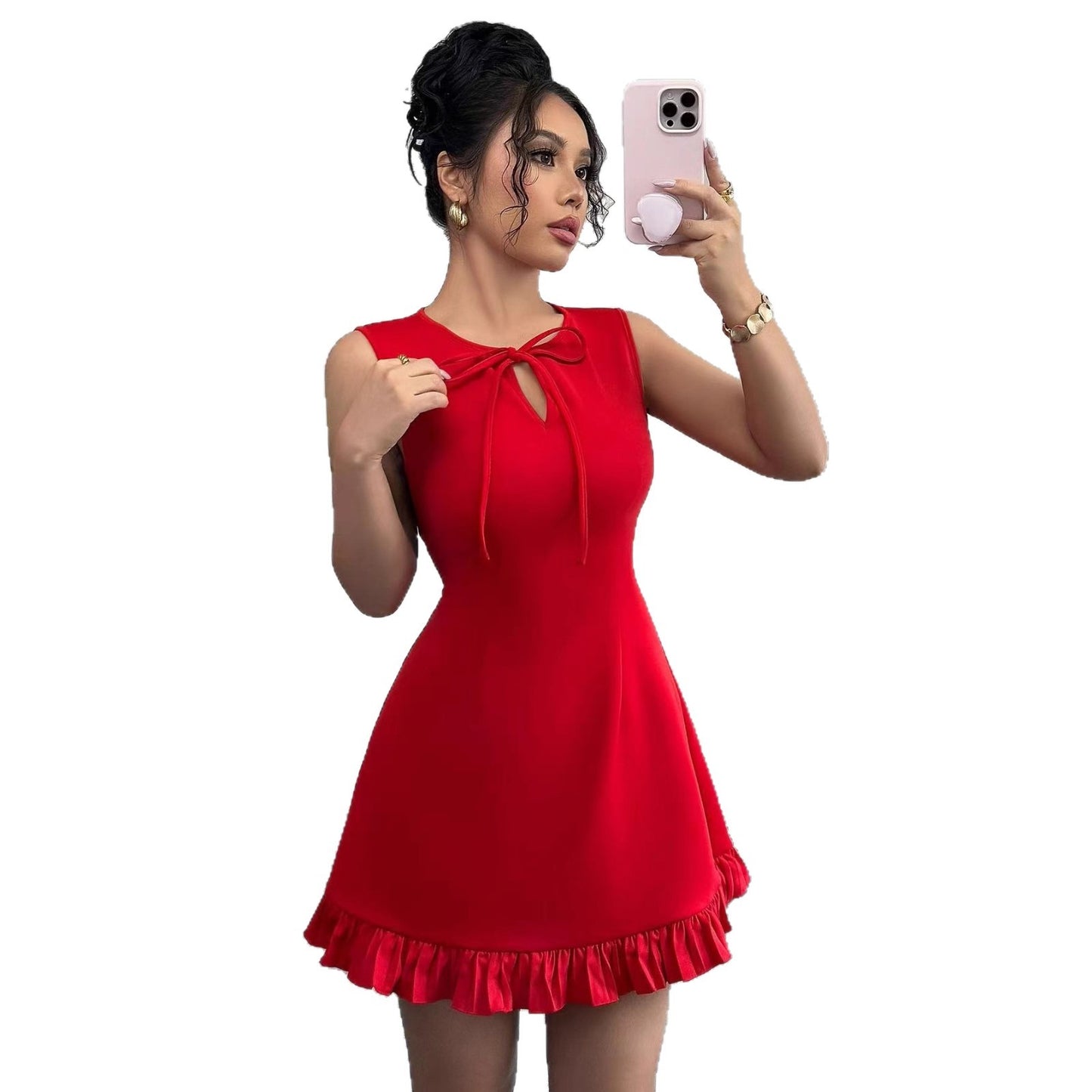 Women's Lace-up Mini Dress With Bow And Ruffled Hem