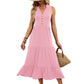 Spring Summer New Solid-Colored V-Neck Buttoned Sleeveless Long Pleated Dress