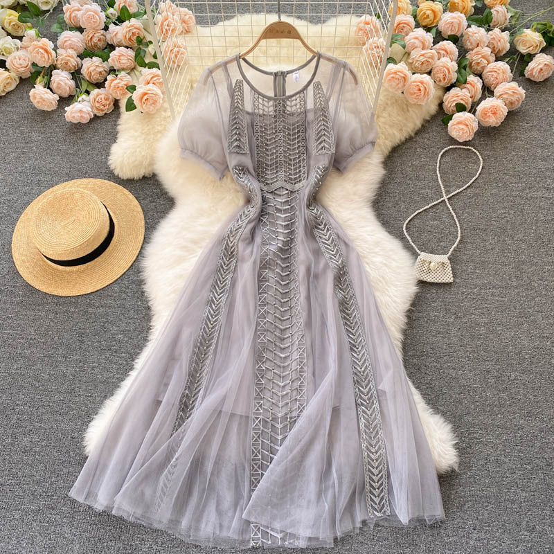 Thin Retro Heavy Industry Embroidery Beaded Slim Mid-length Skirt