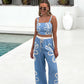 Fashion Flower Sling Top Wide Leg Pants Suit