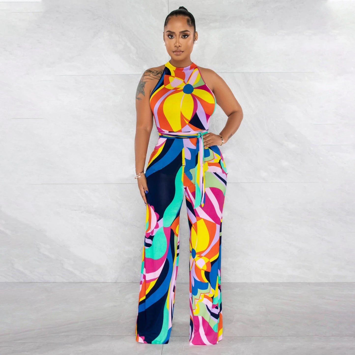 Women's Printed Sleeveless Lace-up Jumpsuit Trousers