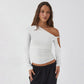 Diagonal Collar Pleated Asymmetric Long-sleeved Top For Women