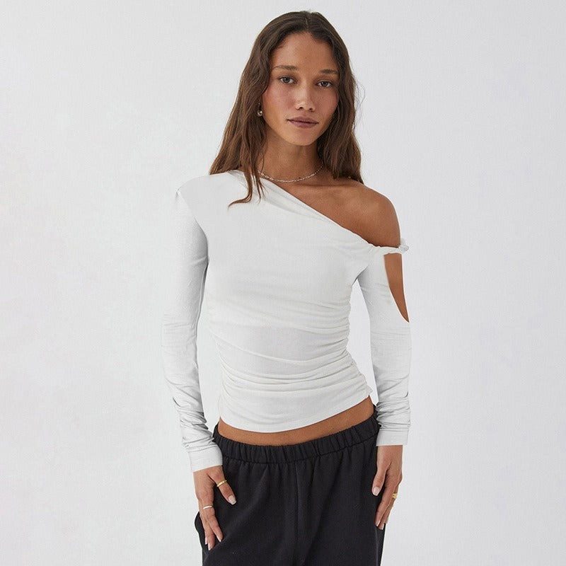 Diagonal Collar Pleated Asymmetric Long-sleeved Top For Women