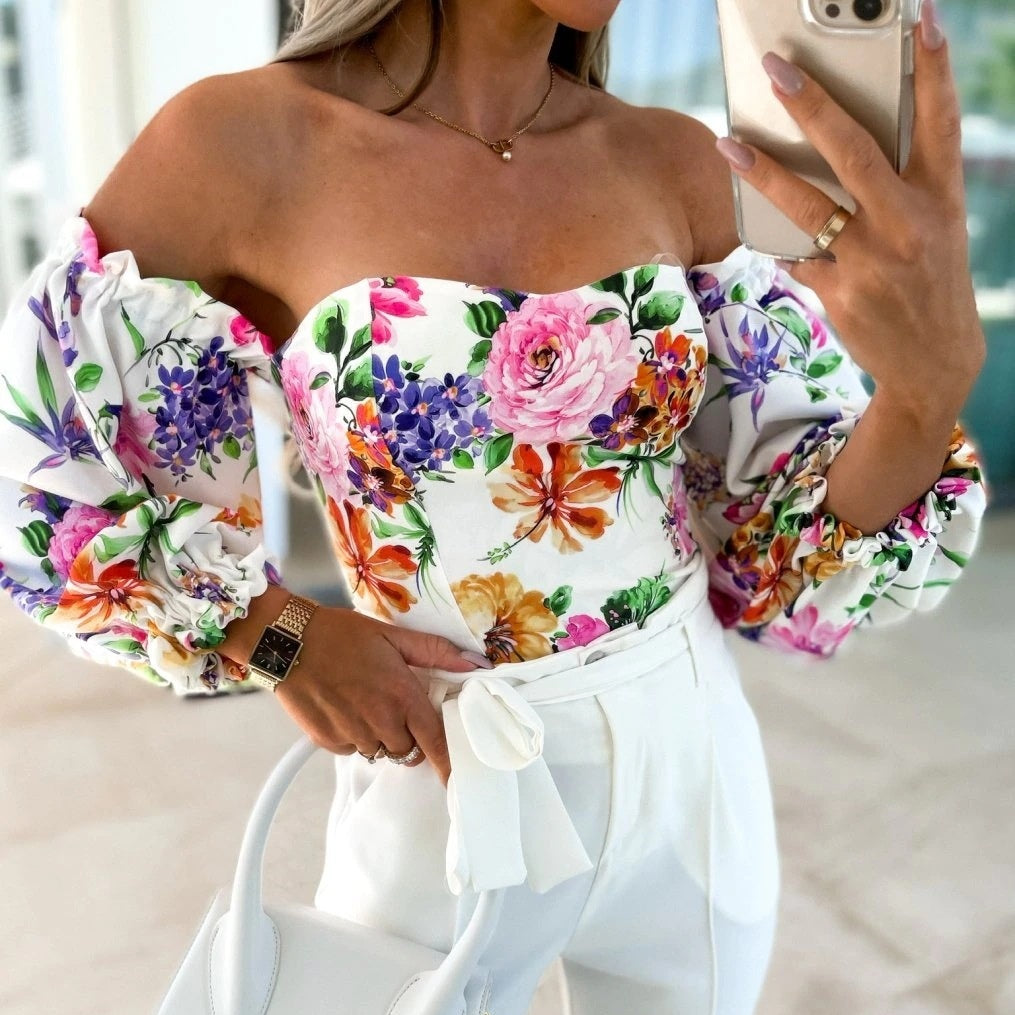 Lady Off-shoulder Printed Shirt
