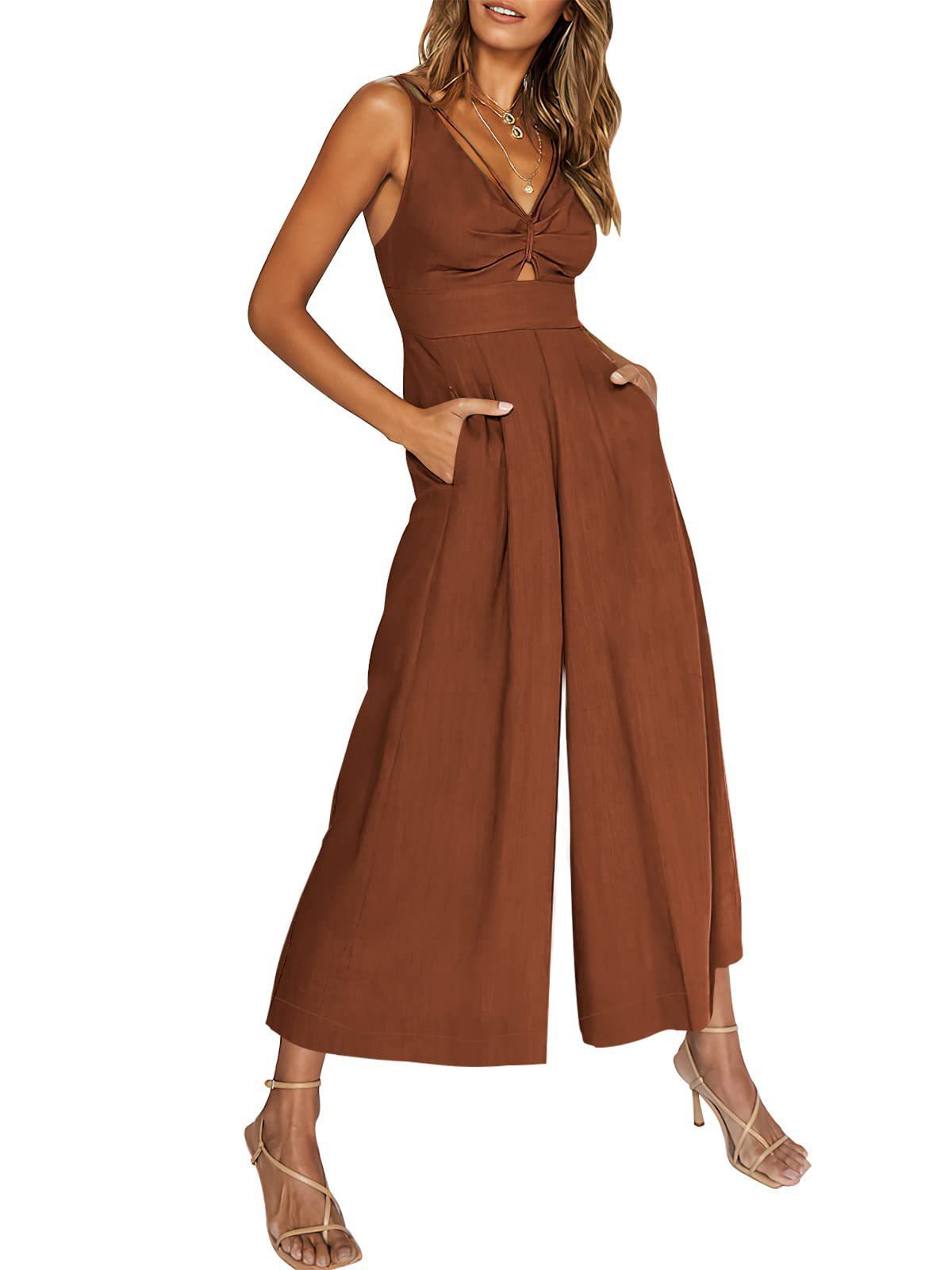 Combinaison d'été à col en V et bretelles ajourées, plissée, taille haute, jambes larges, poches pour femmes