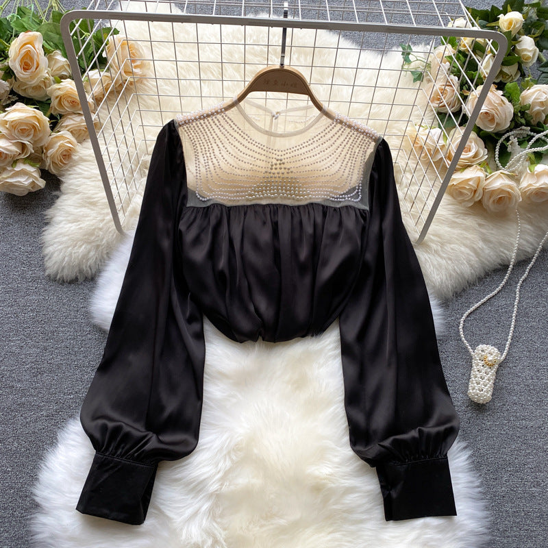 Slim Pleated Mesh Beaded See-through Design Chic Top