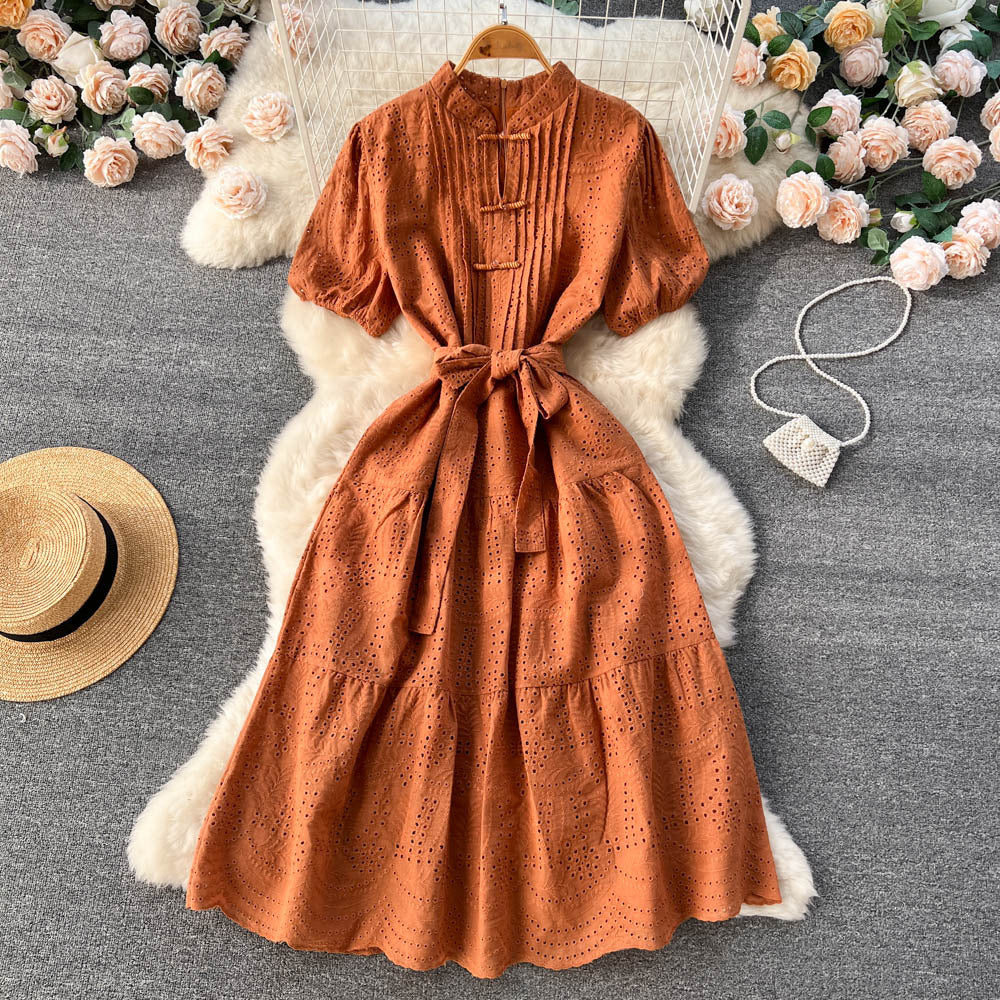 Women's Temperament Fashion Waist-slimming Hollow Bubble Short-sleeved Dress