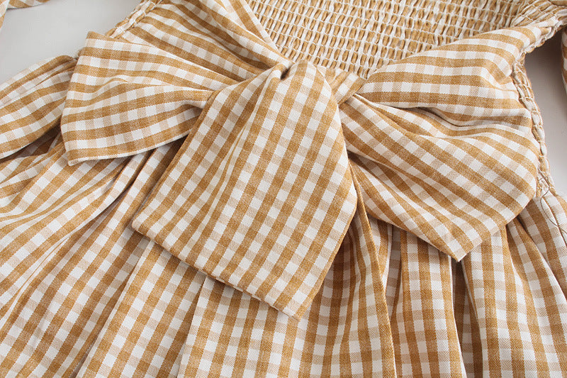 Female Leisure Khaki Plaid Elastic Flowy Dress