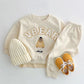 Children's Spring And Autumn Sports Cartoon Bear Letter Floral Print Long Sleeve Pullover Two-piece Pants