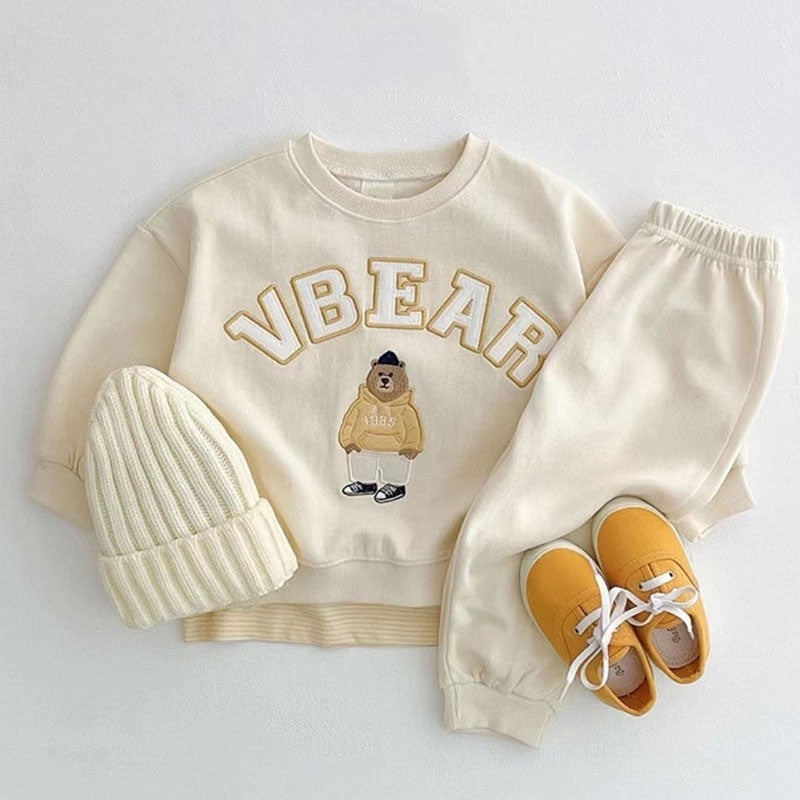 Children's Spring And Autumn Sports Cartoon Bear Letter Floral Print Long Sleeve Pullover Two-piece Pants