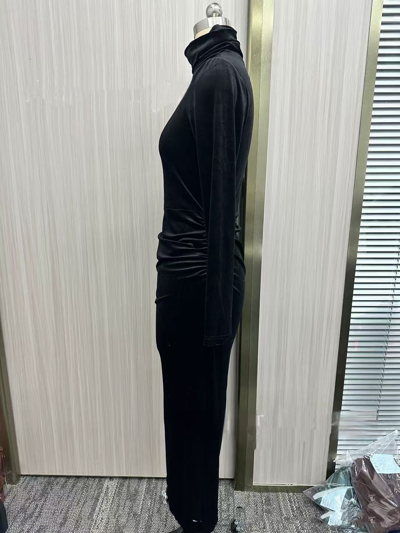 Black Velvet Half Turtleneck Dress Women