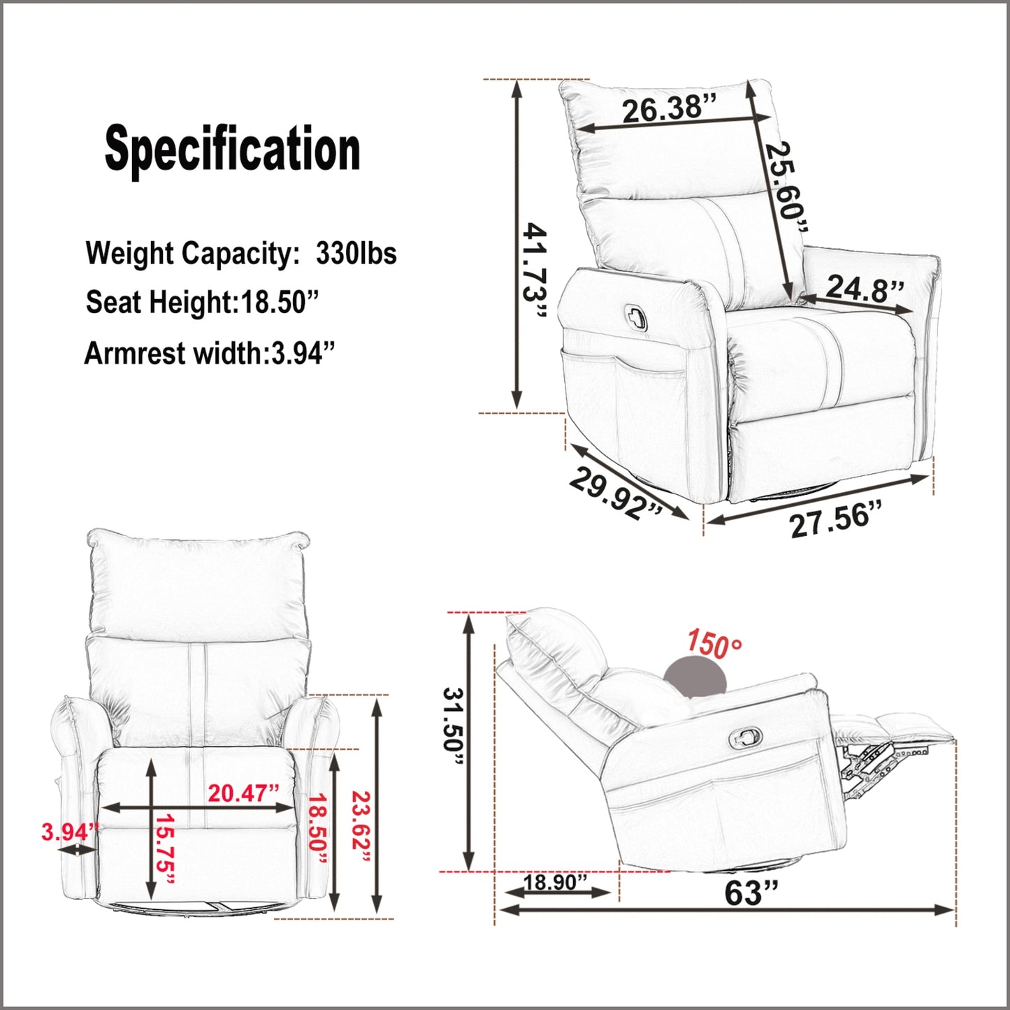 360  Swivel Rocking Recliner Chair, Nursery Glider, Modern Small Rocker