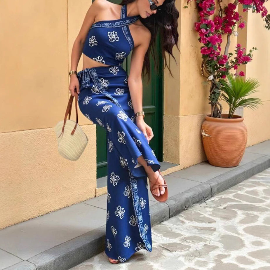 Halter Slim Fit Top High Waist Straight-leg Pants Suit