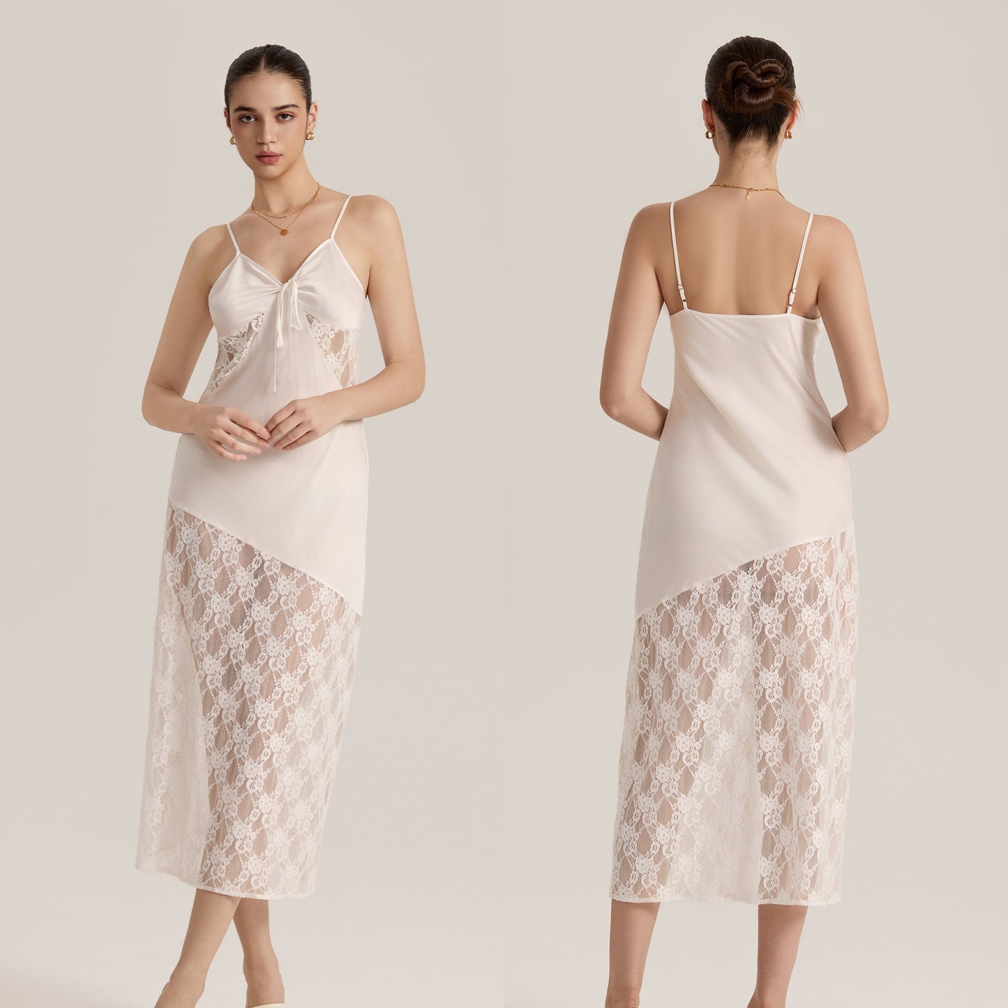 New Semi-sheer Lace And Satin Patchwork Slip Maxi Dress