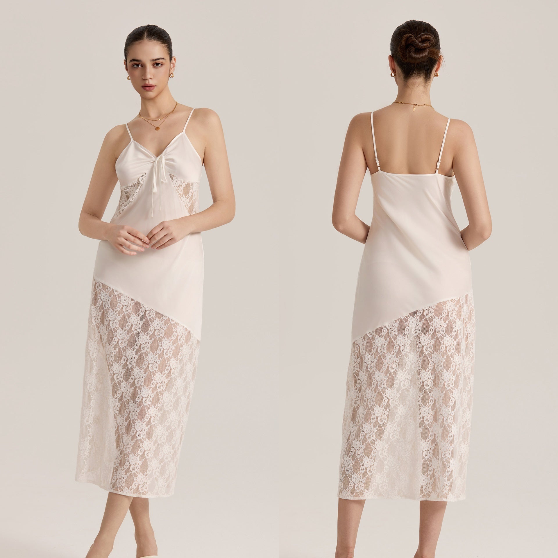 New Semi-sheer Lace And Satin Patchwork Slip Maxi Dress