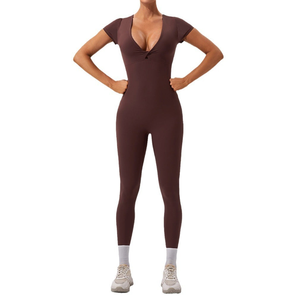 European And American Nude Feel Short Sleeve Yoga Jumpsuit