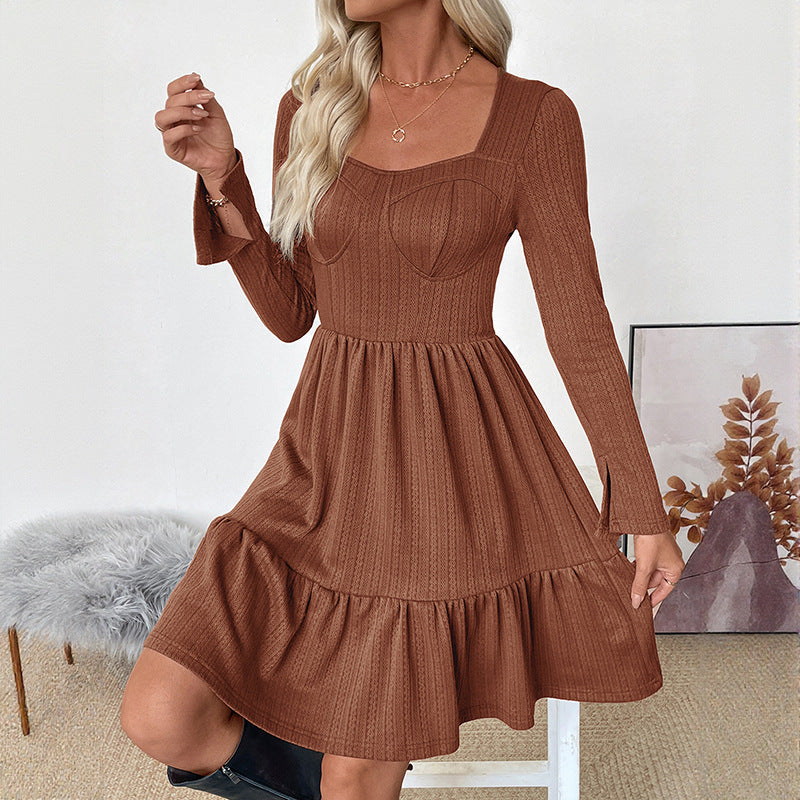 Trimming Knitted Solid Color Square Collar A- Line Dress