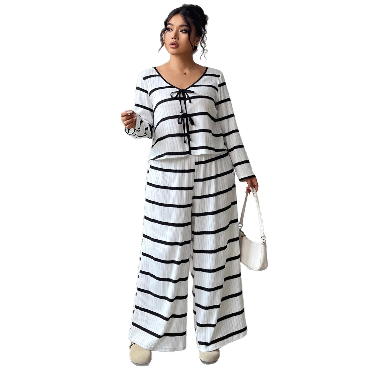 Striped Top With Tie Details Paired With Casual Loose-fitting Plus-size Wide-leg Pants