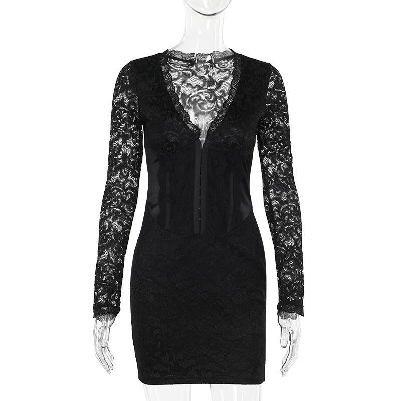 Elegant Long Sleeve Narrow Lace Mini Dress Women