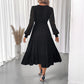 Sweet Elegant Style V-neck Tight Waist Lace Long Sleeve Solid Color Dress Women