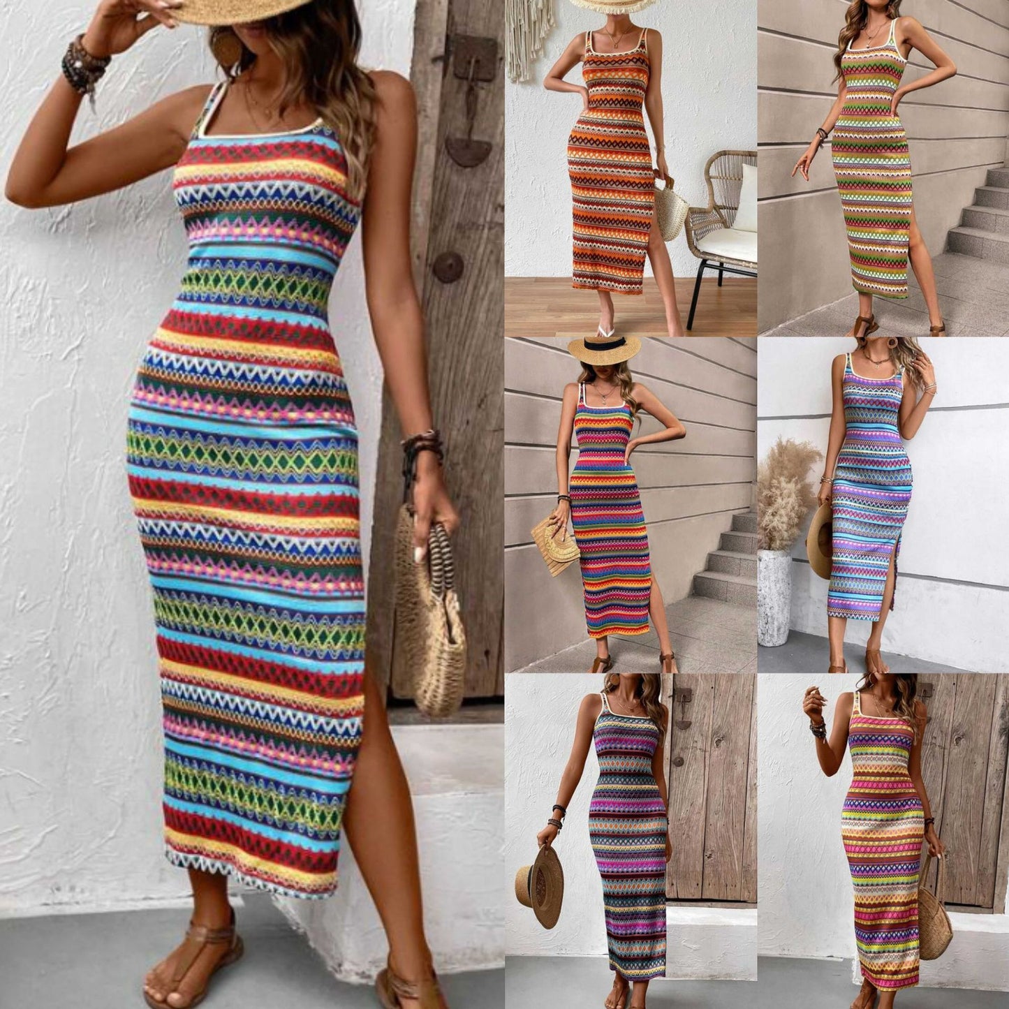 Robe décontractée à rayures sans manches et col carré pour femme