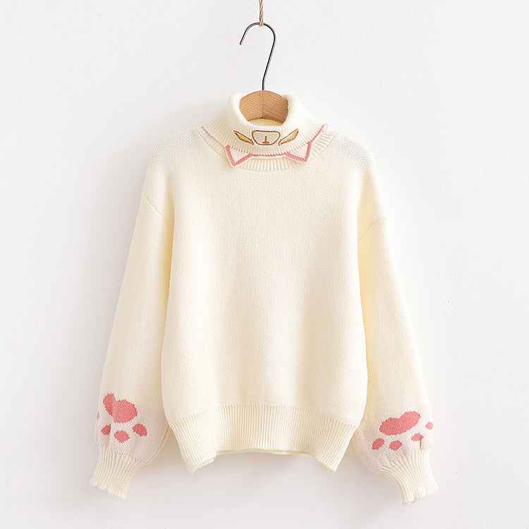 Pull d'automne en tricot brodé à demi-col roulé pour femme