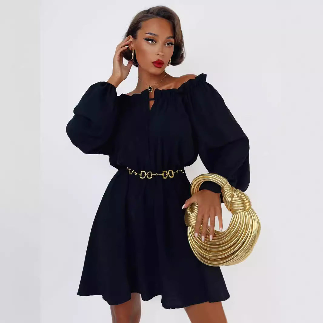 Womens Fashion Casual Solid-Color Off-the-Shoulder Dress