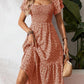 New European And American-style Square-neck Puffed-sleeve Floral-print Dress