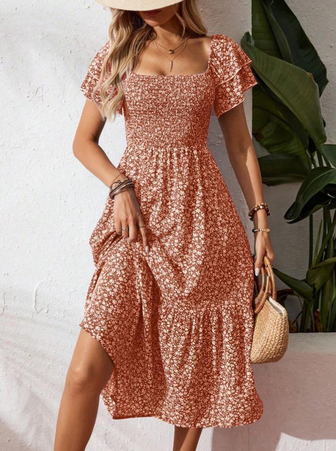 New European And American-style Square-neck Puffed-sleeve Floral-print Dress