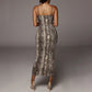 V-neck snake print suspender midi dress