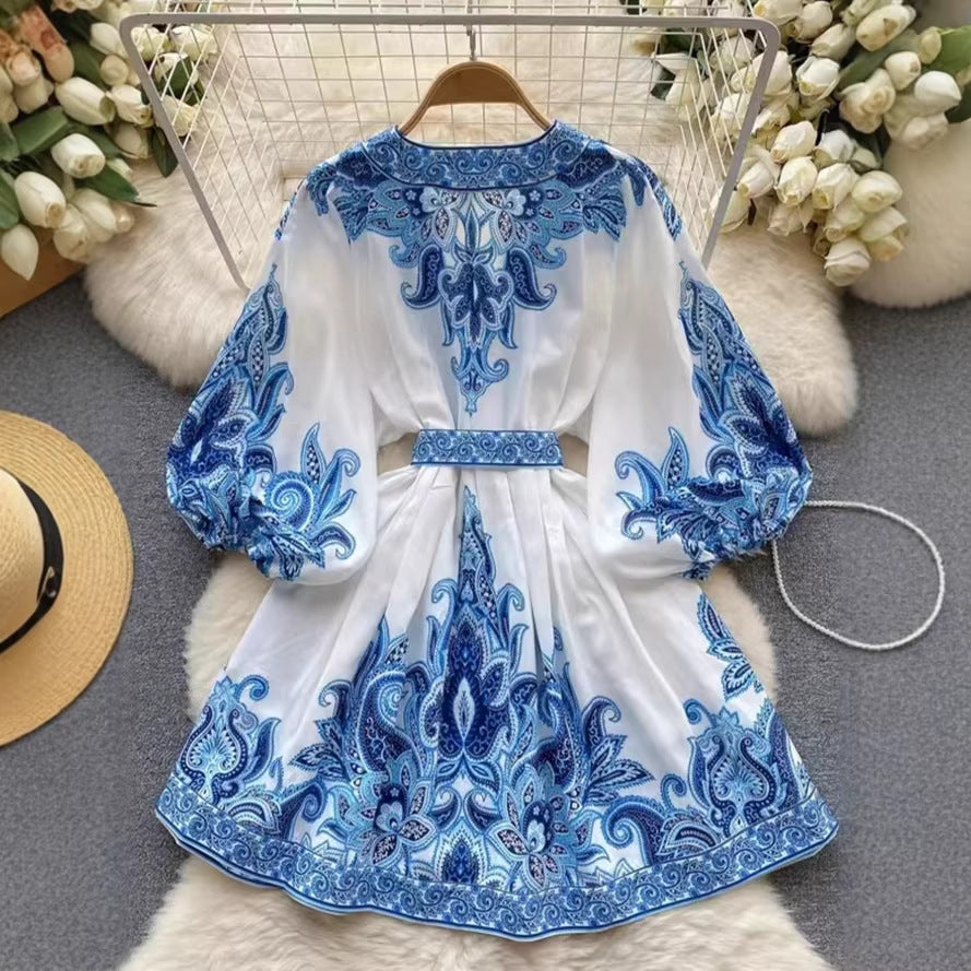 Summer Fashion Mid-Sleeve Lace-Up Floral Dress