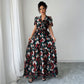 Advanced Minimalist Style Deep V Printed Slit Long Dress Women's Short Sleeve