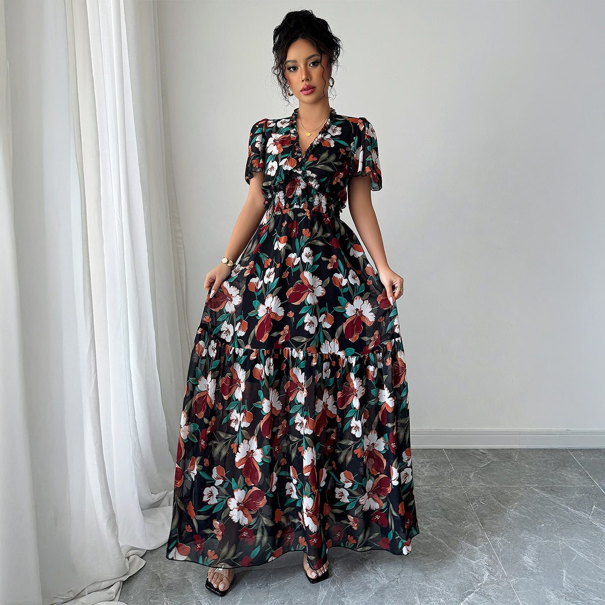 Advanced Minimalist Style Deep V Printed Slit Long Dress Women's Short Sleeve
